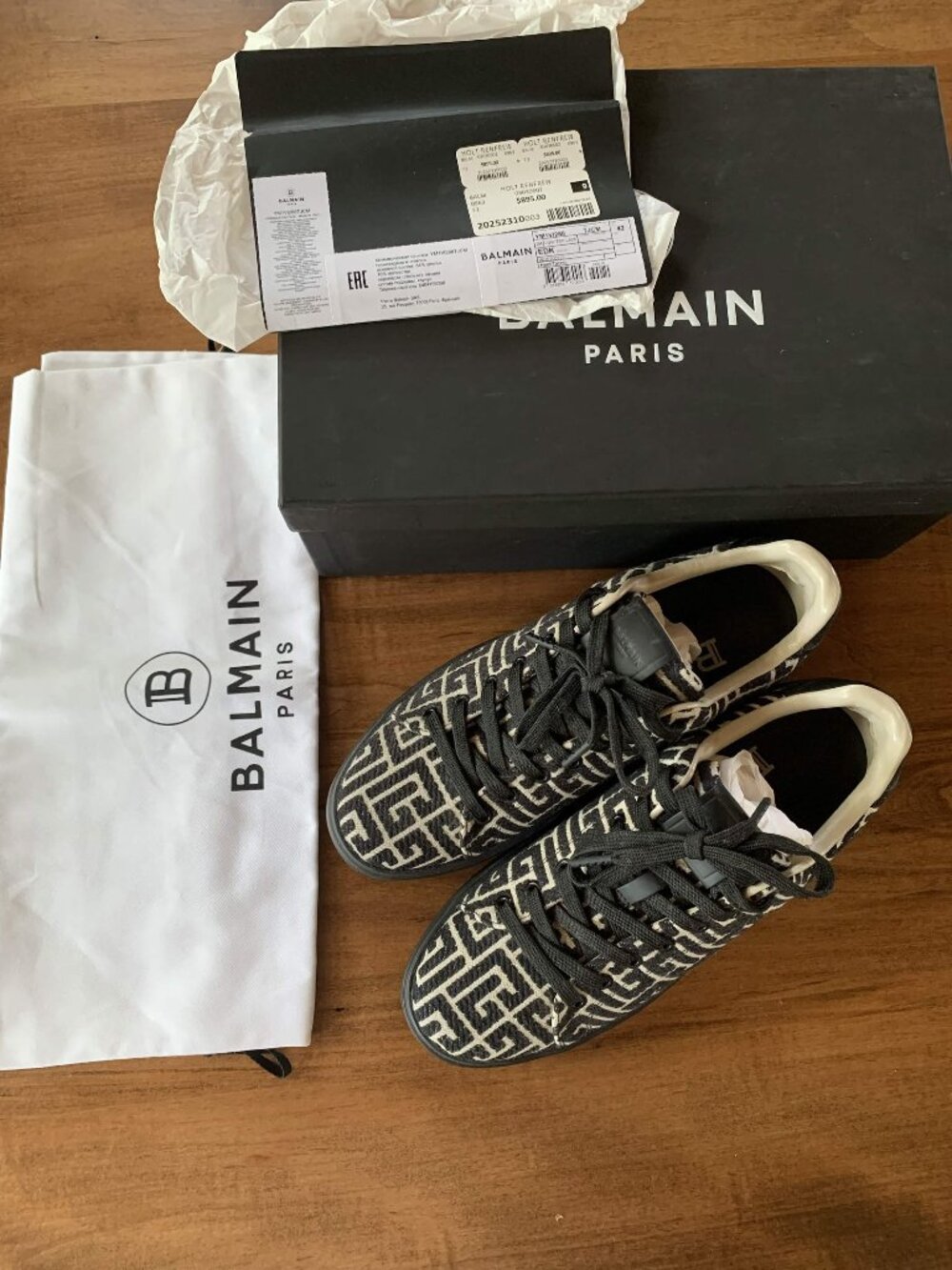 Size 9 Balmain Black & Beige Monogram Jacquard B-Court Sneakers - Never Worn